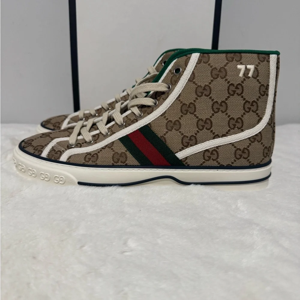 Gucci Beige GG Canvas High-Top Sneaker with Green & Red Web